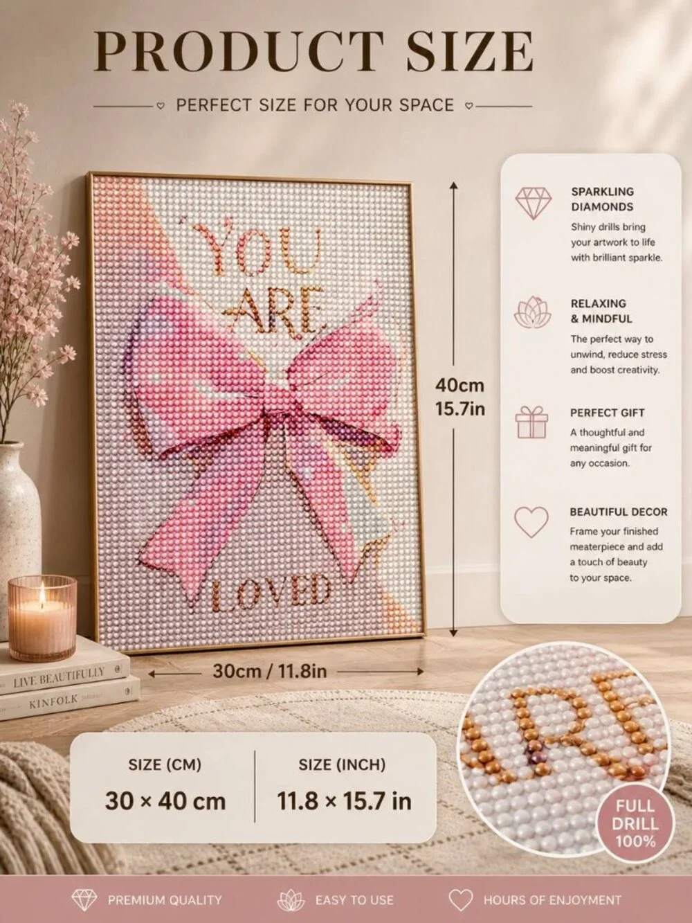 Pink Bow Diamond Painting Kit | “You Are Loved” DIY Craft | Full Drill Sparkle A